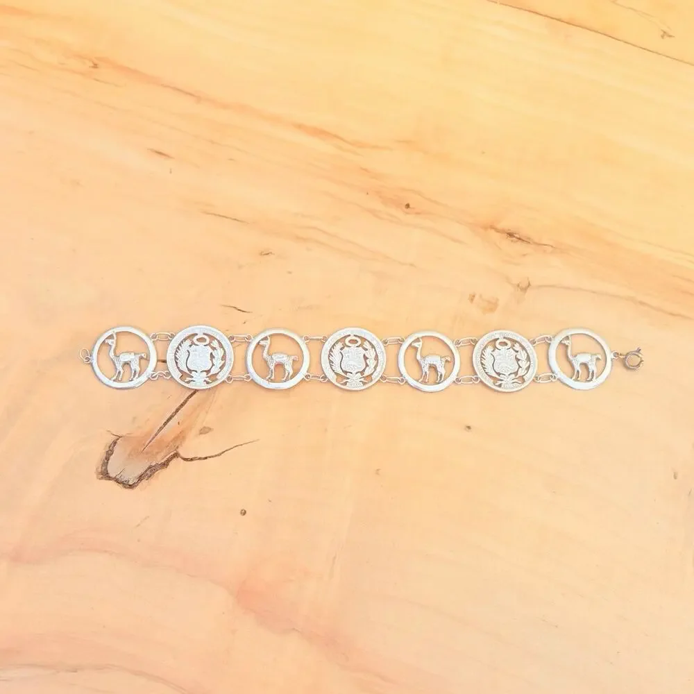 Vtg Peruvian 900 Silver Coin Link Bracelet Vicuna Alpaca Llama Antique Coins